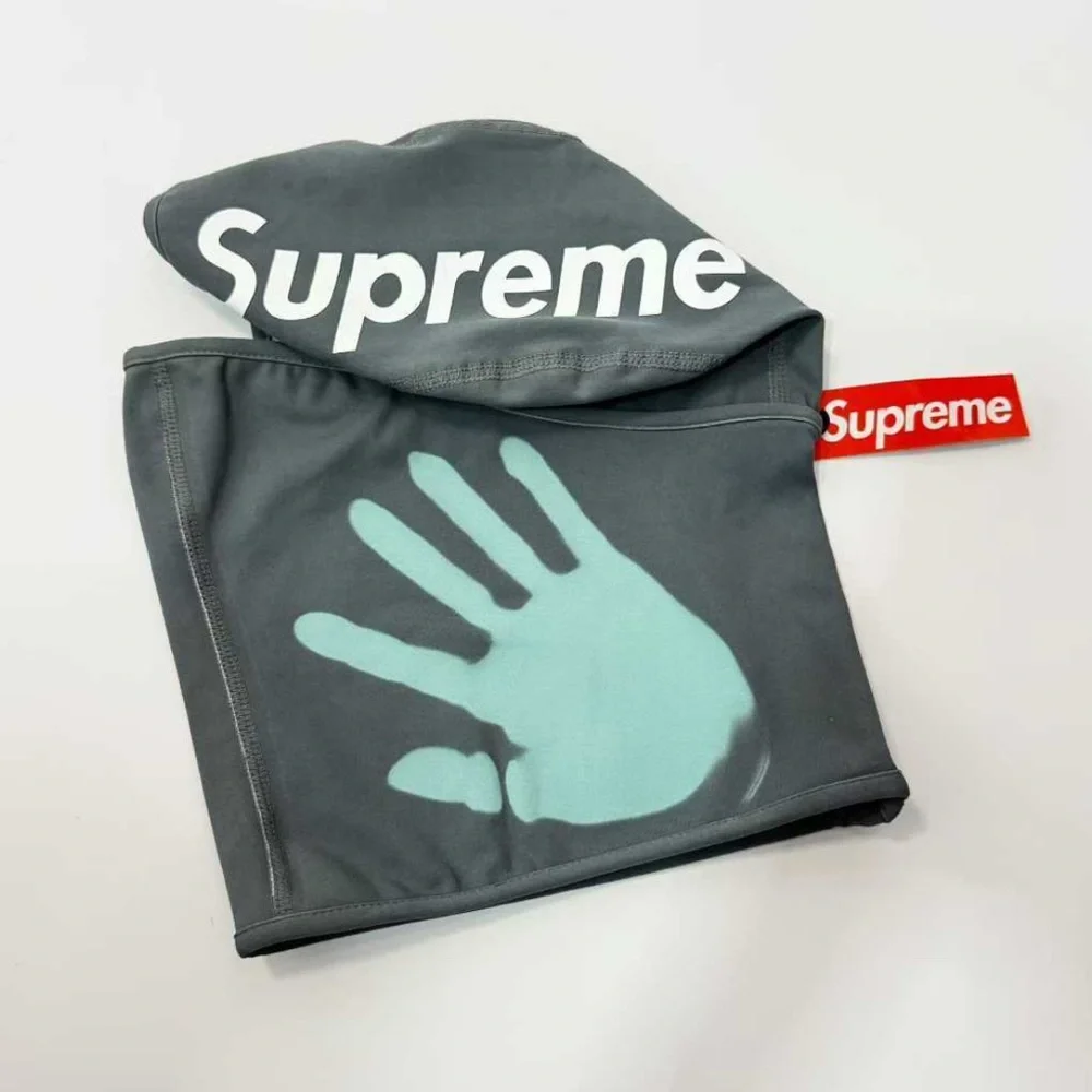 Supreme Grey Gaiter with Mint Hand Graphic and Red Logo Tab